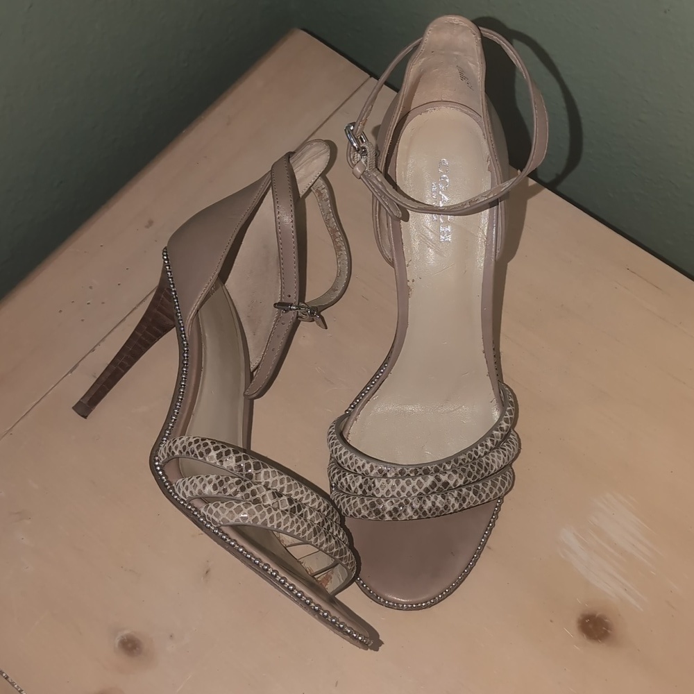 Coach Taupe and Silver Women's Snake Skin Strappy Heels - Picture 2 of 16
